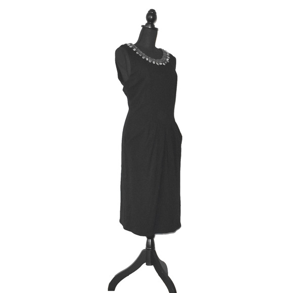 A8 Auth LAFAYETTE 148 Black Chain Trim W/Rhinestones Neckline Dress Sz 12 - Picture 2 of 7